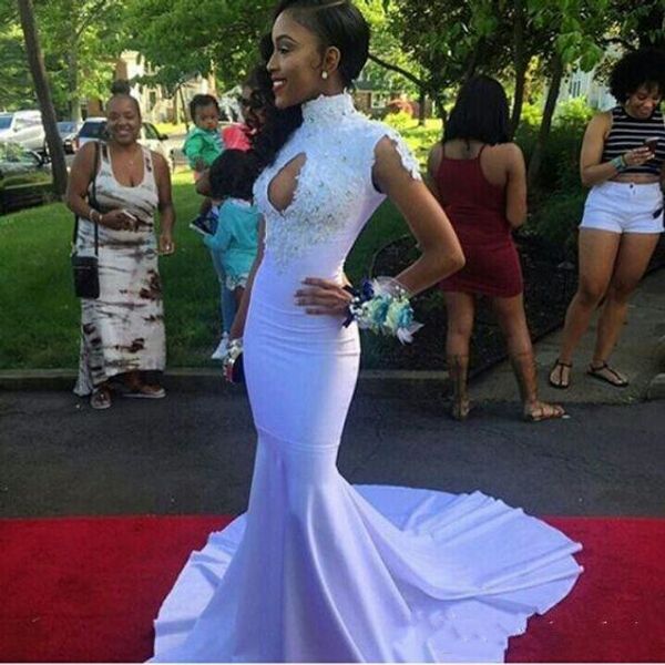 african 2018 elegant satin high neck white mermaid prom dresses crystal lace applique sleeveless floor length stretch prom dress custom made, Black
african 2018 elegant satin high neck white mermaid prom dresses crystal lace applique sleeveless floor length stretch prom dress custom made, Black