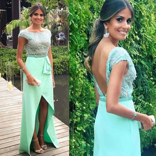 stunning beaded mint green prom dresses sheath column bateau neck capped shoulder backless evening gowns with ruffles sash front split, Black
stunning beaded mint green prom dresses sheath column bateau neck capped shoulder backless evening gowns with ruffles sash front split, Black
