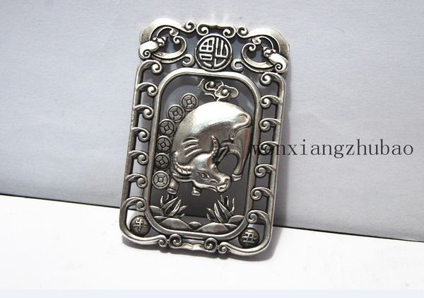 antique white copper double-sided ox (lucky word). rectangular lucky necklace pendant., Silver