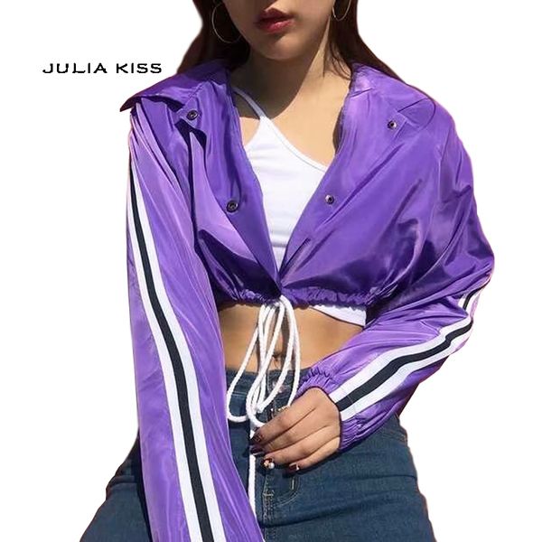 women three buttons front drawstring hem crop jacket with side stripes, Black;brown