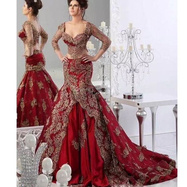 glamorous middle east wedding dresses luxury golden appliqued 3/4 long sleeves princess bridal dress attractive dubai mermaid wedding gown, White
glamorous middle east wedding dresses luxury golden appliqued 3/4 long sleeves princess bridal dress attractive dubai mermaid wedding gown, White
