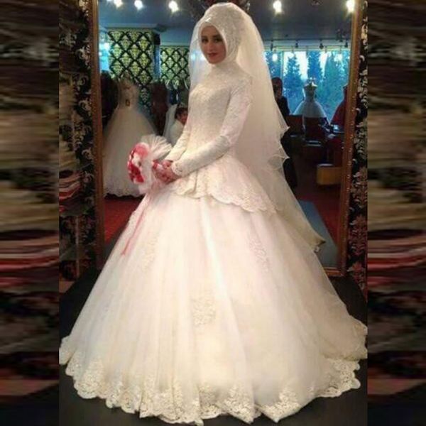 modest long sleeve muslim wedding dress ball gown wedding dresses high neck lace appliques elegant peplum tulle bridal gowns with train, White
modest long sleeve muslim wedding dress ball gown wedding dresses high neck lace appliques elegant peplum tulle bridal gowns with train, White