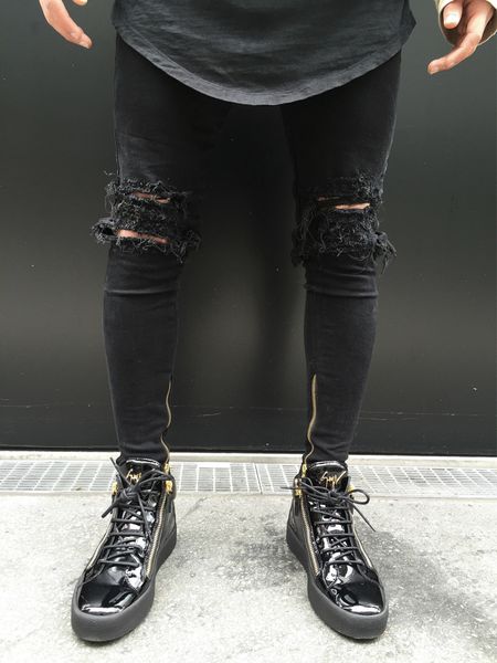 black biker jeans men clothing holes knee draped pencil jean pants side zipper design trousers, Blue
black biker jeans men clothing holes knee draped pencil jean pants side zipper design trousers, Blue