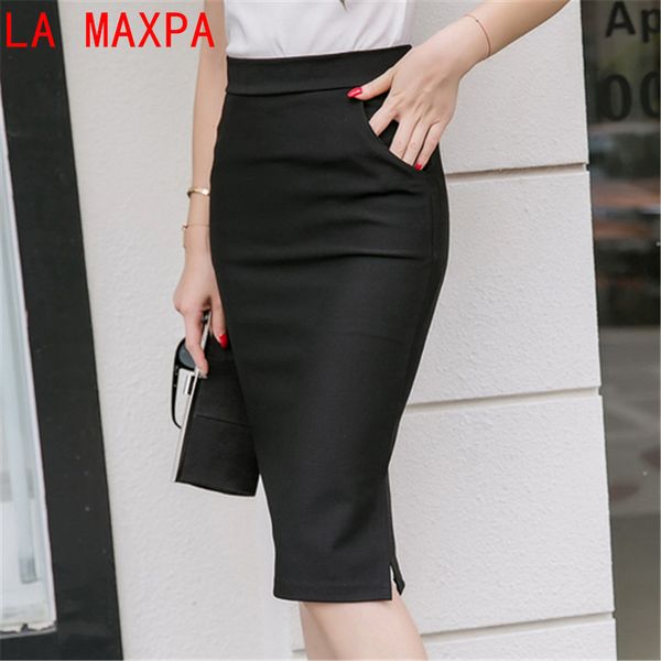 

autumn spring plus size office skirt women elastic high waist maxi midi skirts faldas long formal pencil skirt saias 2017, Black