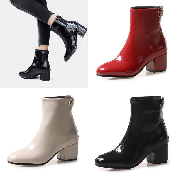 2018 new arrival fashion ankle boots for women patent leather booties pure color shining red black chunky heels back zip shoes
2018 new arrival fashion ankle boots for women patent leather booties pure color shining red black chunky heels back zip shoes