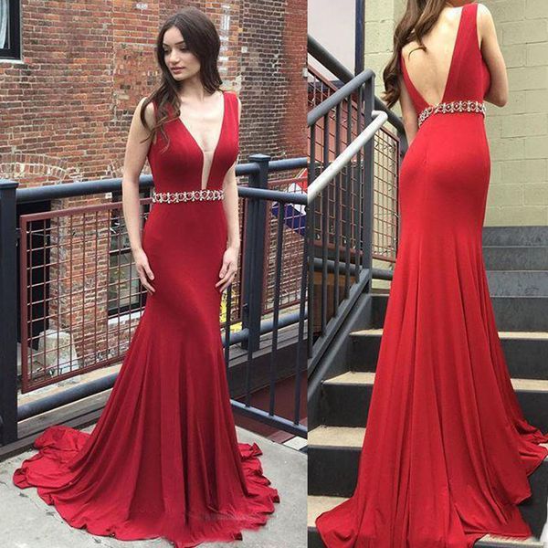 sheer deep v neck backless mermaid prom dress with crystal belt red evening dresses fashion, Black
sheer deep v neck backless mermaid prom dress with crystal belt red evening dresses fashion, Black