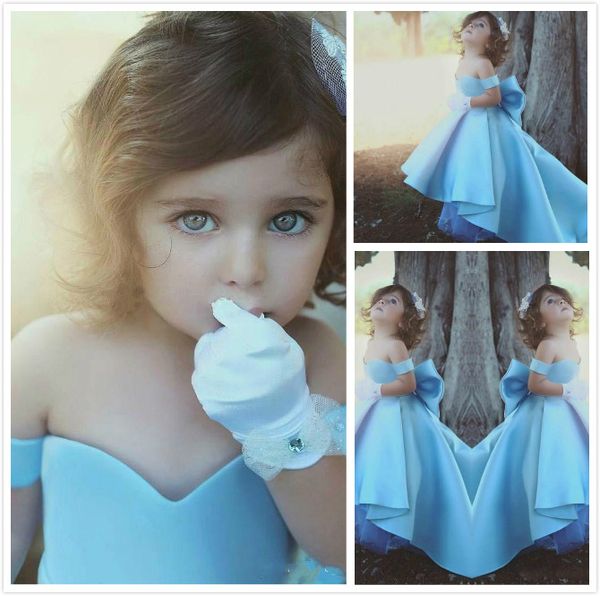 cute blue flower girl dresses off the shoulder girls pageant dresses children big bow satin high low for wedding kids birthday party gowns, White;blue 
cute blue flower girl dresses off the shoulder girls pageant dresses children big bow satin high low for wedding kids birthday party gowns, White;blue