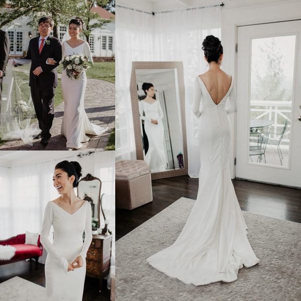 vintage modest design long sleeve wedding dresses v neck deep v back long mermaid 2019 bridal gowns custom size, White
vintage modest design long sleeve wedding dresses v neck deep v back long mermaid 2019 bridal gowns custom size, White