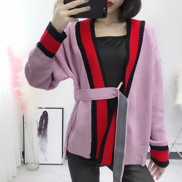 color matching slim knitted female autumn sweater 2018 new korean version women striped with sashes loose cardigan sweater, White;black
color matching slim knitted female autumn sweater 2018 new korean version women striped with sashes loose cardigan sweater, White;black