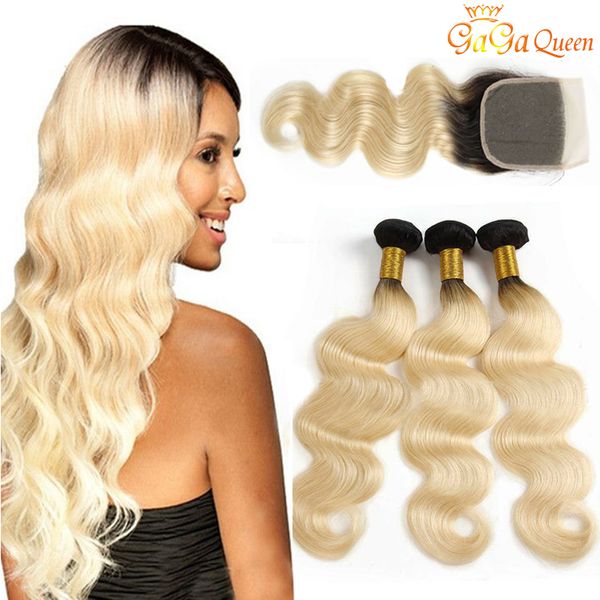 

4x4 Lace Closure С 1В 613 Body Wave Волосы Связки Темные корни Honey Blonde Богородица человеческих волос