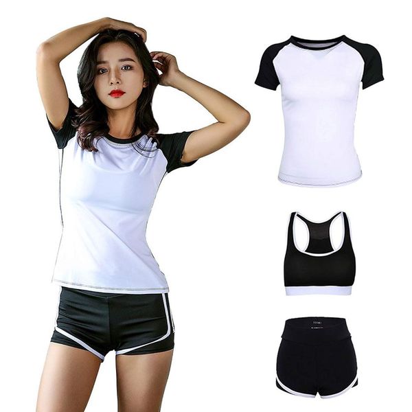tracksuit 3 piece set sports tees +bra+shorts combo women workout suit outfit for gym, White;red
tracksuit 3 piece set sports tees +bra+shorts combo women workout suit outfit for gym, White;red