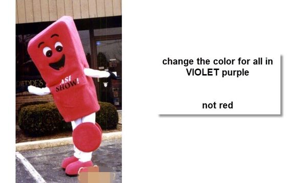 custom mascot costume size change the color for all in violet purple, Red;yellow
custom mascot costume size change the color for all in violet purple, Red;yellow
