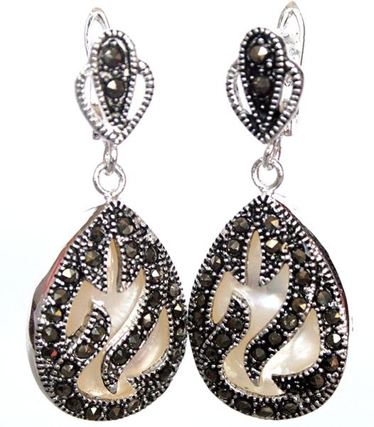 

11/2" unique 925 silver & marcasite inlay white sea shell waterdrop earrings, Golden;silver