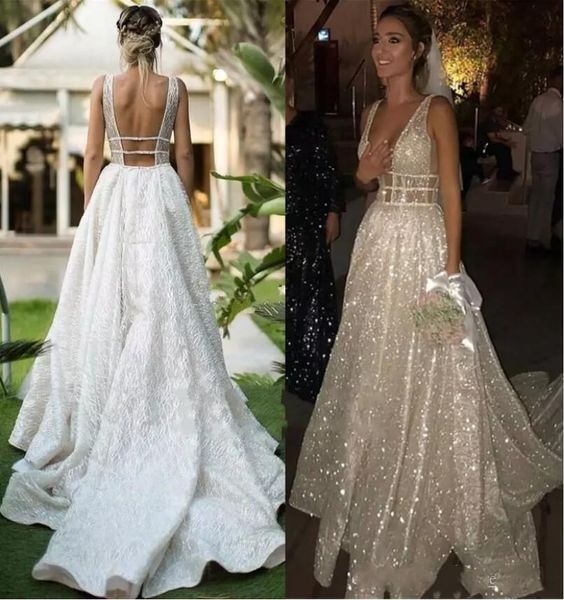 2020 sparkly wedding dresses a line v neck backless sweep train bridal gowns robe de mariee garden western country vestidos de novia, White
2020 sparkly wedding dresses a line v neck backless sweep train bridal gowns robe de mariee garden western country vestidos de novia, White