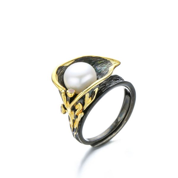 

radhorse 925 silver rings for women fine jewelry natural pearl calla lily baroque retro silver ring adjustable black, Golden;silver