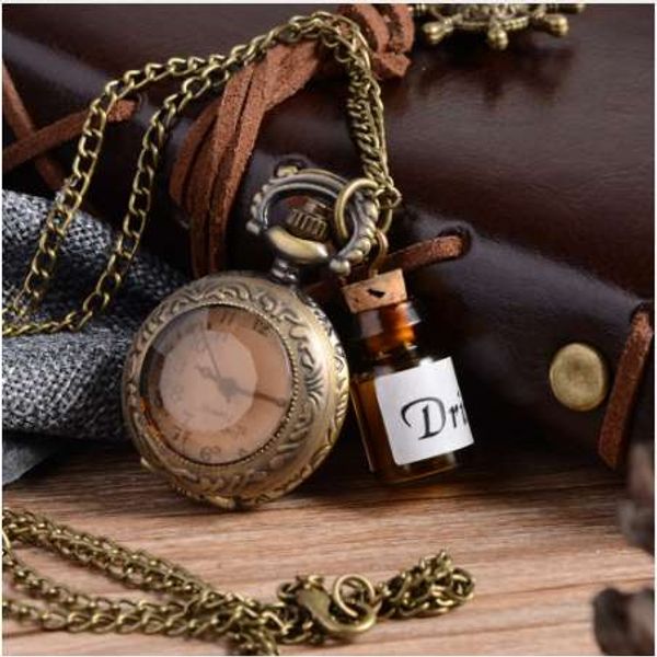 new vintage glass alice in wonderland drink me bottle dark brown flip quartz pocket watch for women lady girl gift steampunk necklac, Slivery;golden
new vintage glass alice in wonderland drink me bottle dark brown flip quartz pocket watch for women lady girl gift steampunk necklac, Slivery;golden