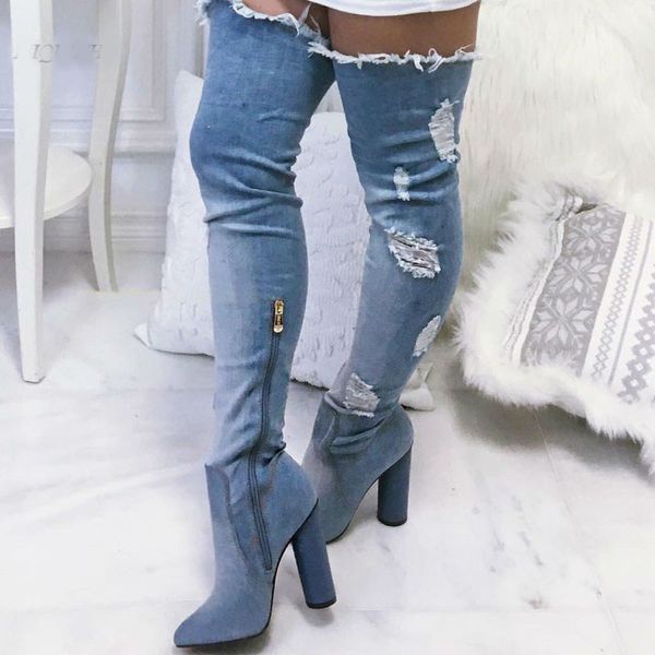 new design women slim style pointed toe blue black denim over knee chunk heel gladiator boots cut-out long thick heel boots
new design women slim style pointed toe blue black denim over knee chunk heel gladiator boots cut-out long thick heel boots