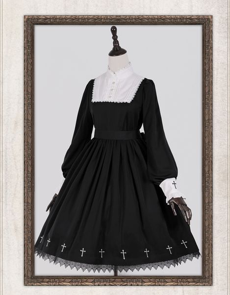 

anonymous verse cross embroidery gothic lolita op dress darkness style long sleeve high collar cute black dress one-piece, Black;red