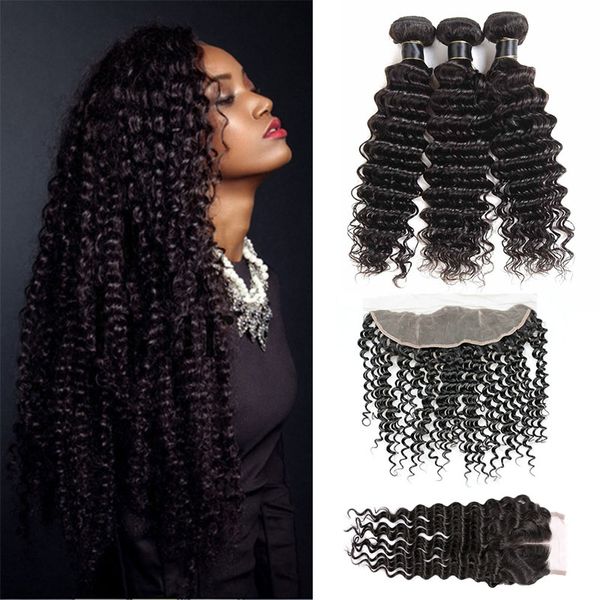 brazilian malaysian virgin hair wefts deep wave hair bundles with closure remy human hair extensions 3bundles and 13x4 lace frontal closure, Black;brown 
brazilian malaysian virgin hair wefts deep wave hair bundles with closure remy human hair extensions 3bundles and 13x4 lace frontal closure, Black;brown