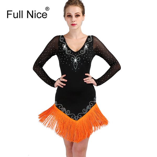 new women latin dance dress salsa samba cha cha ballroom competition dress long sleeve tassel dance costumes, Black;red