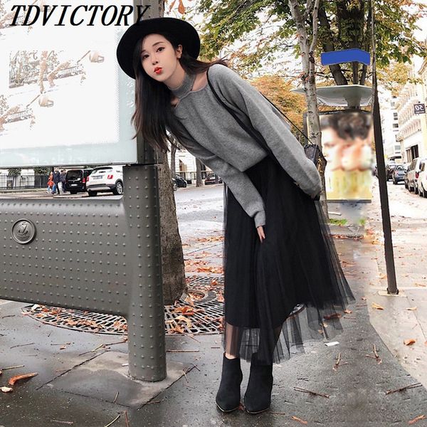 women 2018 fall winter knitted sweater off shoulder long sleeve solid casual jumpers pullovers + mesh black skirt two piece set, White
women 2018 fall winter knitted sweater off shoulder long sleeve solid casual jumpers pullovers + mesh black skirt two piece set, White