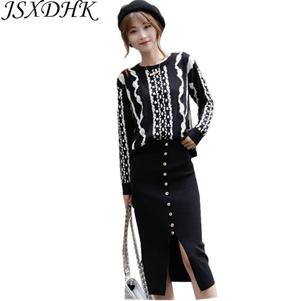 jsxdhk new fashion women 2 piece set 2018 autumn winter black striped knitting sweater + single breasted split pencil skirt suit, Gray
jsxdhk new fashion women 2 piece set 2018 autumn winter black striped knitting sweater + single breasted split pencil skirt suit, Gray