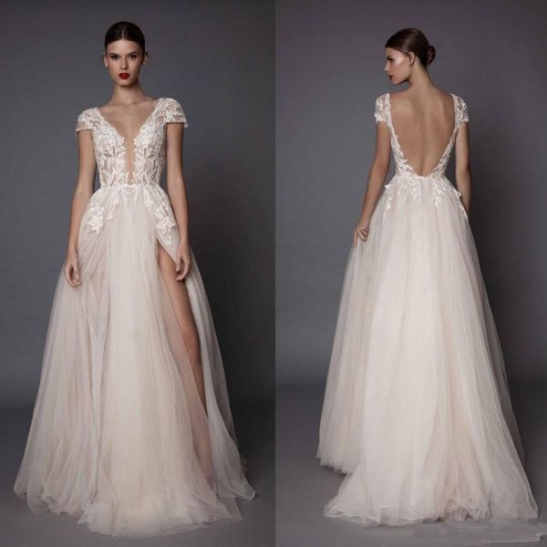 

Sexy Berta 2018 A Line Wedding Dresses Scoop Backless High Side Split Boho Lace Appliques Illusion Bohemian Bridal Gowns wedding dresses