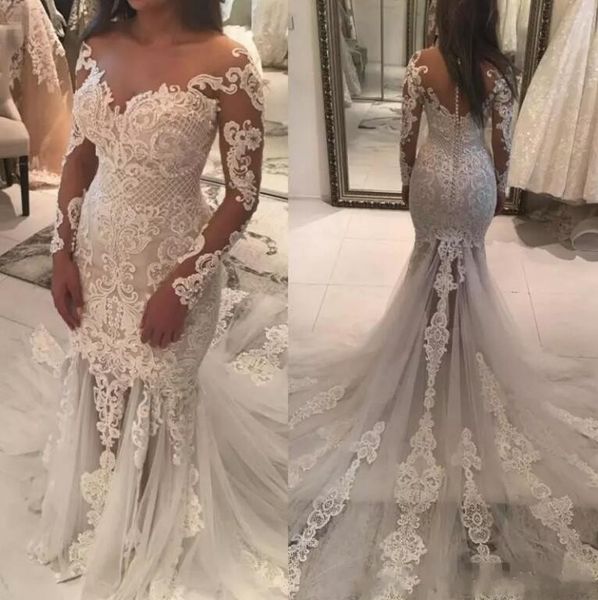 2018 charming ivory mermaid wedding dresses sheer neck illusion long sleeves sweep train bridal gowns with lace appliques wedding gowns, White
2018 charming ivory mermaid wedding dresses sheer neck illusion long sleeves sweep train bridal gowns with lace appliques wedding gowns, White