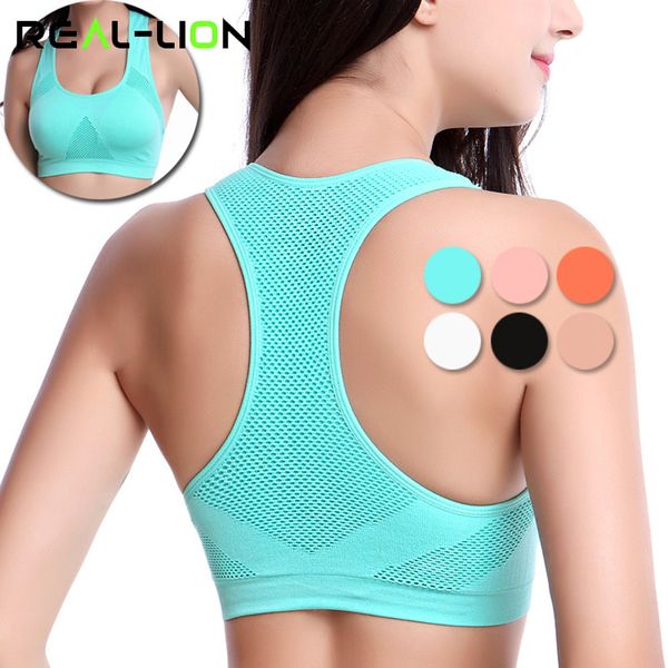 

reallion women sports bra for running gym fitness padded wire shakeproof push up bras seamless underwear hollow out net, White;black