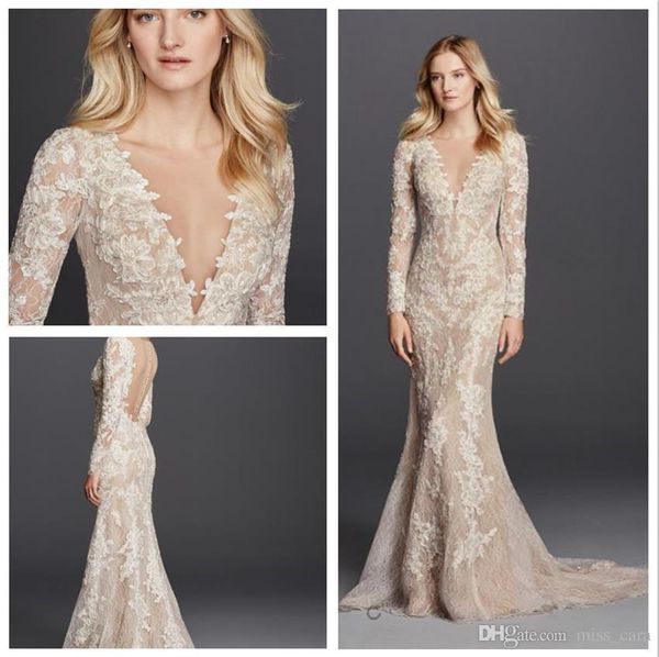 champagne mermaid wedding dresses long sleeves v neck full lace detail and button back modest bridal gowns, White
champagne mermaid wedding dresses long sleeves v neck full lace detail and button back modest bridal gowns, White
