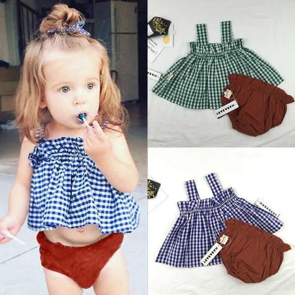 cute summer baby girls clothes sets casual grid condole belt +pp pants infant kids children suits, White
cute summer baby girls clothes sets casual grid condole belt +pp pants infant kids children suits, White