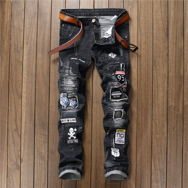 2018 black holes badge spliced slim fit ripped jeans men hi-street mens distressed denim biker knee holes washed destroyed jeans, Blue
2018 black holes badge spliced slim fit ripped jeans men hi-street mens distressed denim biker knee holes washed destroyed jeans, Blue