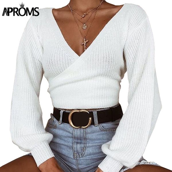 aproms deep v neck white wrap knit pullover women autumn bow tie knitted cropped sweater female winter crop jumper pull, White;black
aproms deep v neck white wrap knit pullover women autumn bow tie knitted cropped sweater female winter crop jumper pull, White;black