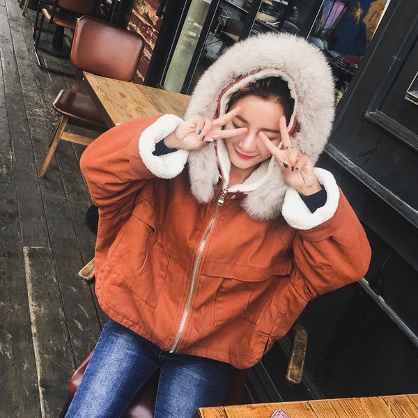 lambswool short jacket 2017 new winter korean loose thick plus velvet jacket fox fur collar solid color warm parkas mujer mz1986, Black
lambswool short jacket 2017 new winter korean loose thick plus velvet jacket fox fur collar solid color warm parkas mujer mz1986, Black
