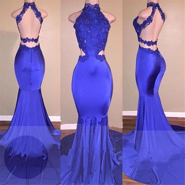 royal blue mermaid backless prom dresses high neck appliques lace open back long graduation dresses party dresses, Black
royal blue mermaid backless prom dresses high neck appliques lace open back long graduation dresses party dresses, Black