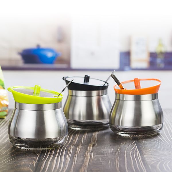 304 stainless steel condiment jar bottle seasoning sugar salt pepper glass container storage box with spoon
304 stainless steel condiment jar bottle seasoning sugar salt pepper glass container storage box with spoon