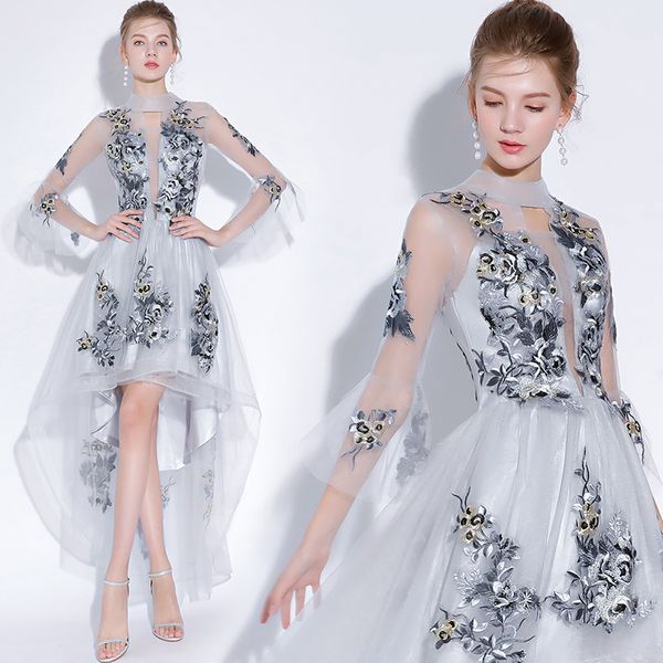 2018 fashion navy blue/silver high low prom dress vestido de noiva high neck embroidery tulle evening dress robe de soriee prom party gowns, Black
2018 fashion navy blue/silver high low prom dress vestido de noiva high neck embroidery tulle evening dress robe de soriee prom party gowns, Black