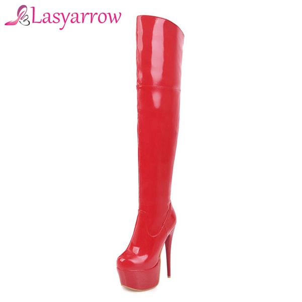 

lasyarrow women's boots black red patent leather shoes woman women's stiletto boots thin high heels botas feminina rm124