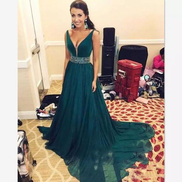 2018 pop line special occasion long prom dresses v neck shiny beaded waist a line court train teal chiffon formal dresses evening, Black
2018 pop line special occasion long prom dresses v neck shiny beaded waist a line court train teal chiffon formal dresses evening, Black