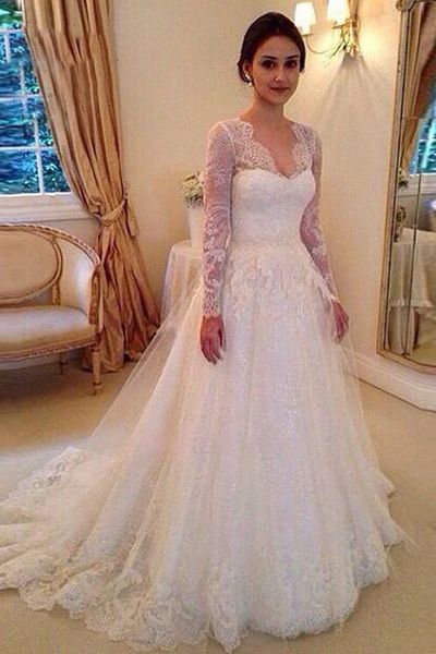 vintage lace wedding dress scalloped v neck long sleeves ball gown bridal dress vestido de noiva, White
vintage lace wedding dress scalloped v neck long sleeves ball gown bridal dress vestido de noiva, White