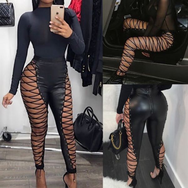 2018 new womens black leather lace up skinny pencil pants summer clubwear high waist hollow bandage stretch slim trousers, Black;white
2018 new womens black leather lace up skinny pencil pants summer clubwear high waist hollow bandage stretch slim trousers, Black;white