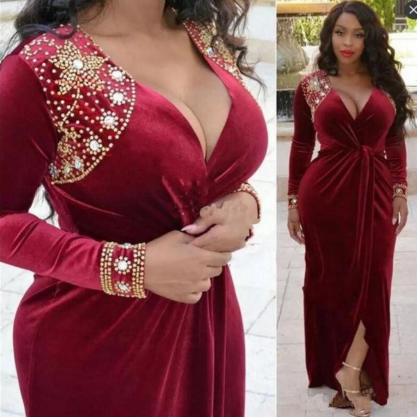 African Velvet Plus Size Evening Dresses Dark Red Deep V Neck Front Split Long Sleeves Prom Dresses Long Beaded Neckline Formal Party Gowns
African Velvet Plus Size Evening Dresses Dark Red Deep V Neck Front Split Long Sleeves Prom Dresses Long Beaded Neckline Formal Party Gowns