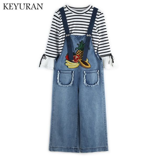 2018 summer women's embroidery fruit tassel pockets striped t shirt and denim overalls jumper two piece set suit casual twinset, White;black
2018 summer women's embroidery fruit tassel pockets striped t shirt and denim overalls jumper two piece set suit casual twinset, White;black