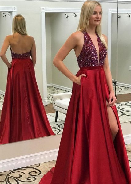 red satin prom dresses long a-line evening dresses halter formal pageant gowns beaded elegant v neck backless party graduation dresses w, Black
red satin prom dresses long a-line evening dresses halter formal pageant gowns beaded elegant v neck backless party graduation dresses w, Black