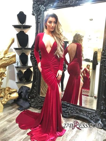 2019 new dark red mermaid prom dresses long deep v neck velvet long sleeves floor length formal dresses evening party wear evening dresses, Black
2019 new dark red mermaid prom dresses long deep v neck velvet long sleeves floor length formal dresses evening party wear evening dresses, Black