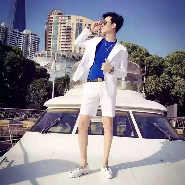 custom men's white jacket shorts outfit casual slim summer cool suit, White;black
custom men's white jacket shorts outfit casual slim summer cool suit, White;black