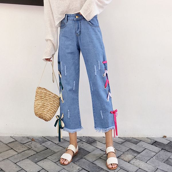 new spring summer women's jeans high waist side ribbons burrs ladies wide leg pants fashion loose student ankle-length pants, Blue
new spring summer women's jeans high waist side ribbons burrs ladies wide leg pants fashion loose student ankle-length pants, Blue