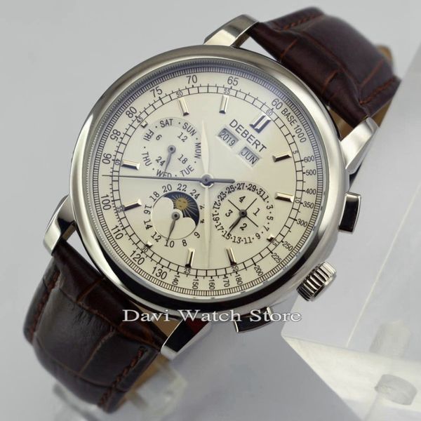 debert 42mm white dial moon phase silver case automatic date day watch, Slivery;brown
debert 42mm white dial moon phase silver case automatic date day watch, Slivery;brown