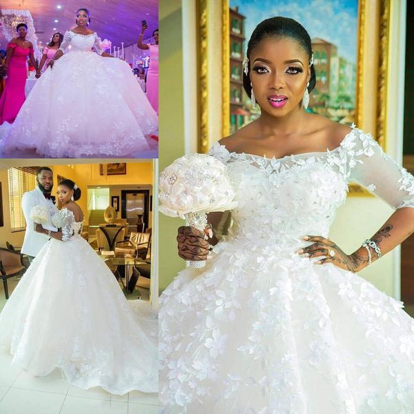 african luxury 3d floral applique plus size wedding dresses off shoulder 1/2 sleeves court train ball gown wedding dress bridal gowns, White
african luxury 3d floral applique plus size wedding dresses off shoulder 1/2 sleeves court train ball gown wedding dress bridal gowns, White