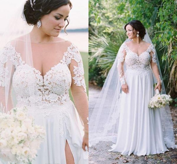 plus size long sleeves wedding dresses sheer neck lace satin backless split beach boho bridal dresses elegant wedding gowns, White
plus size long sleeves wedding dresses sheer neck lace satin backless split beach boho bridal dresses elegant wedding gowns, White